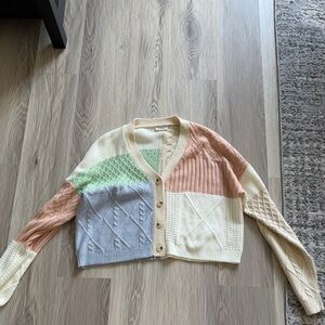 Colorblock Knit Button-Front Cropped Cardigan - Cream, Peach, Light Blue, Mint